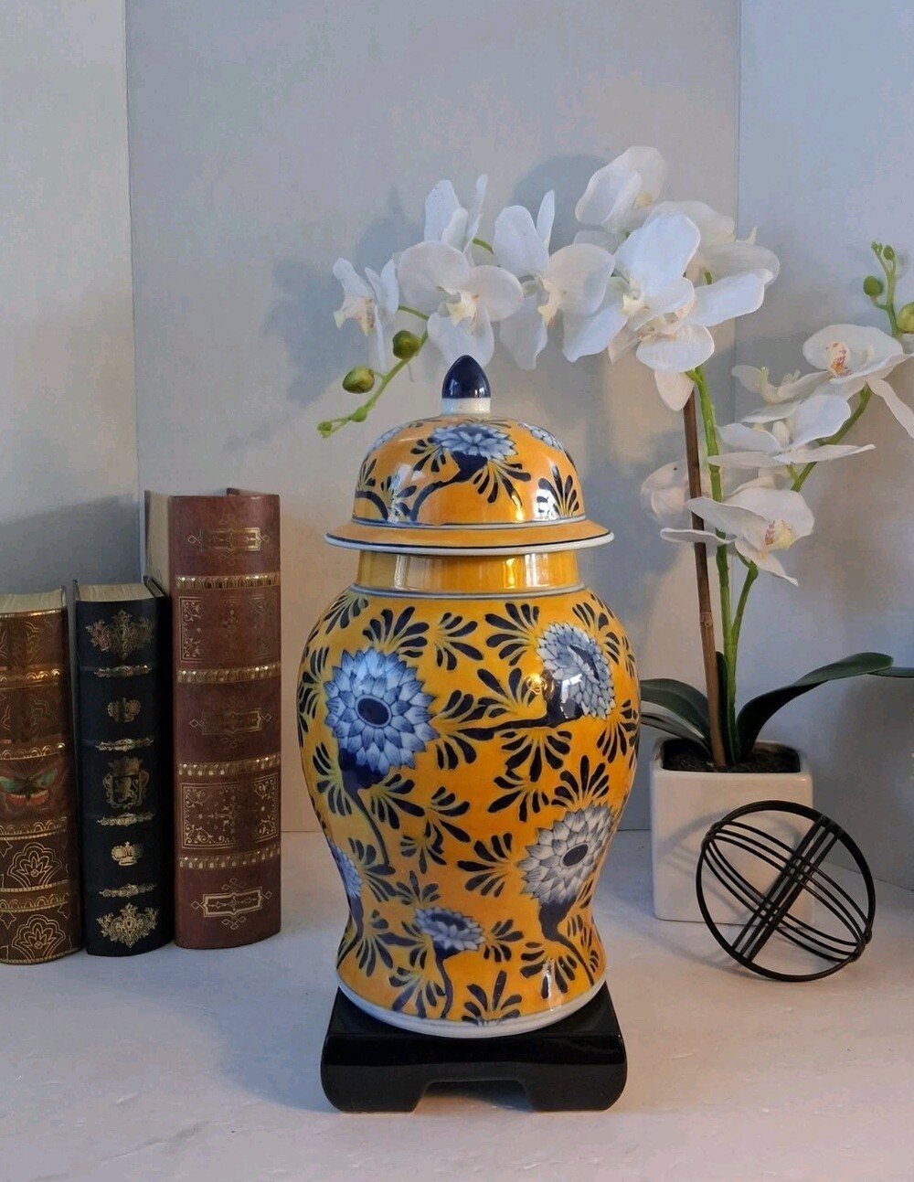 Seymour Mann Vintage Blue Porcelain Temple Jar Lidded Ginger Vase